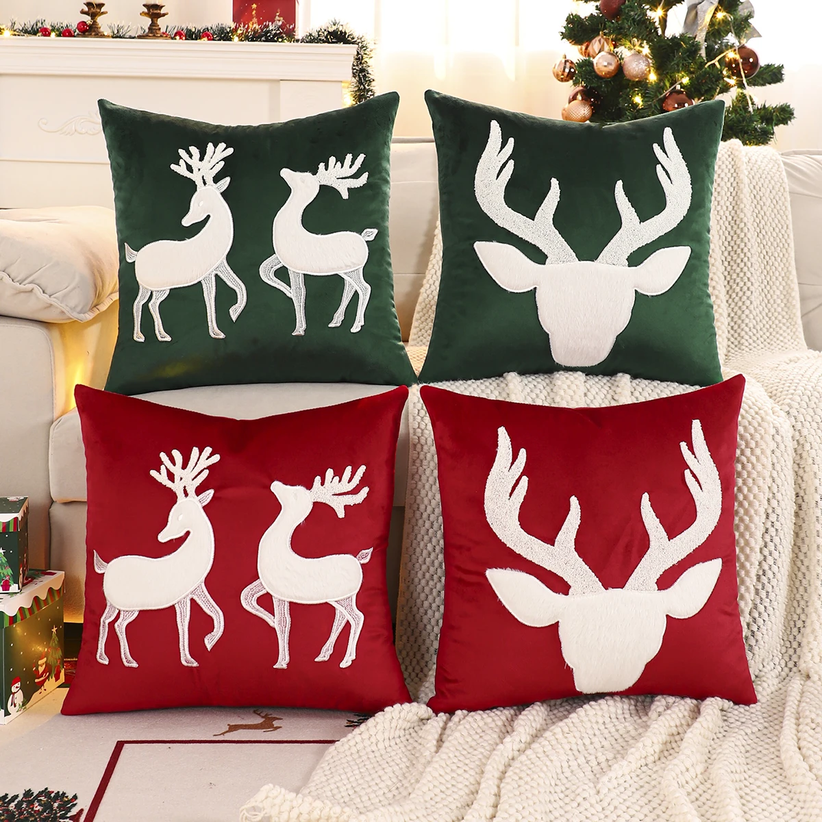 1PC Weihnachten Hirsch Dekokissenbezug Samt Stickerei Weihnachtsdekoration Wohnzimmer