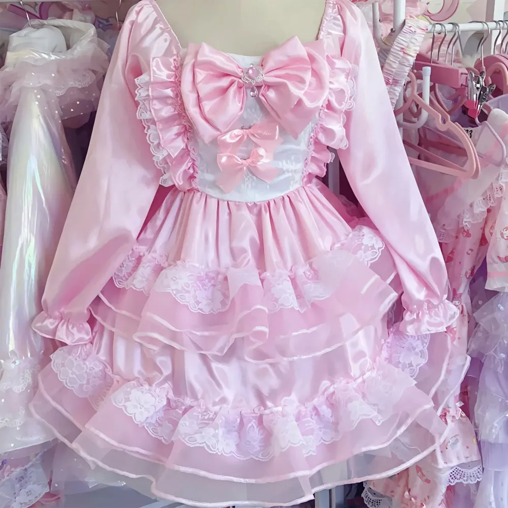 Robe de demoiselle d'honneur en satin rose à manches longues pour filles, robe bouffante en tulle sexy, robe de princesse en dentelle avec nœud papillon, cosplay COS ABDL