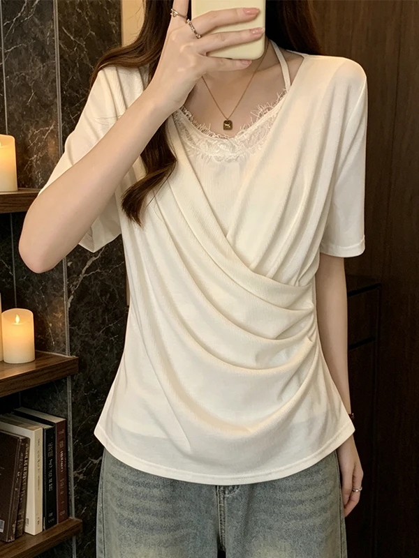 

Large Size Summer 2026 Korean Style Lace Trimmed Halter Neck Short Sleeve T-Shirt Breathable Skin-Friendly Daily Wear for Girls