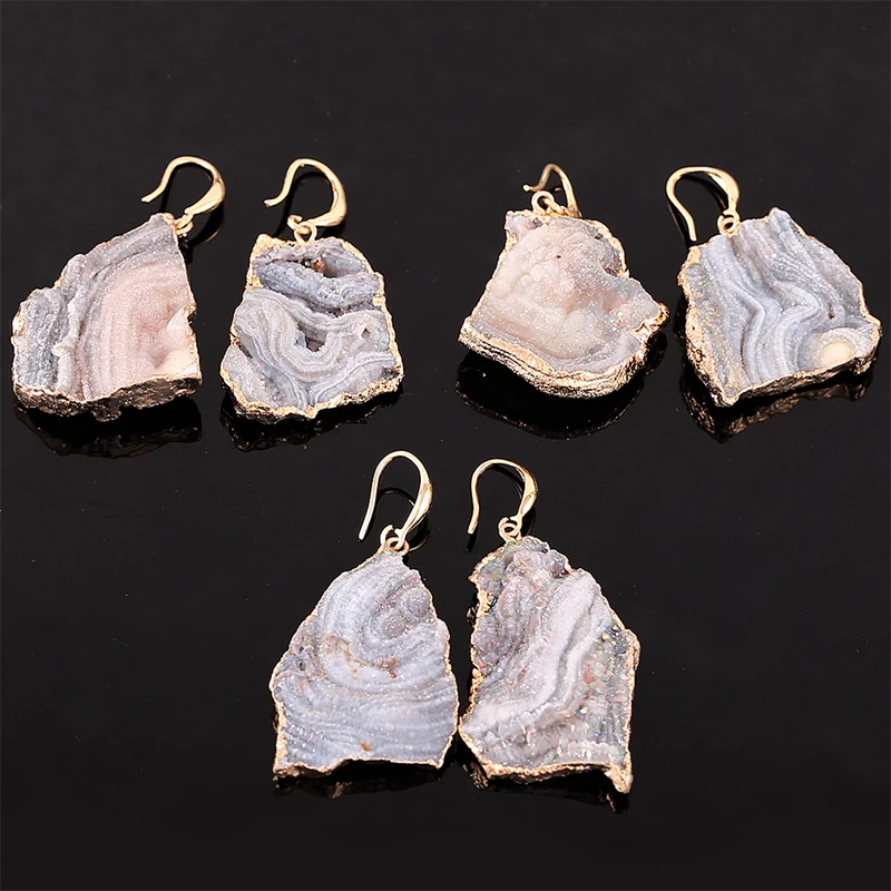 Irregular Sun Agate Slice Drop Earrings for Women Girls Gold Color Druzy Quartz Stone Ear Jewelry