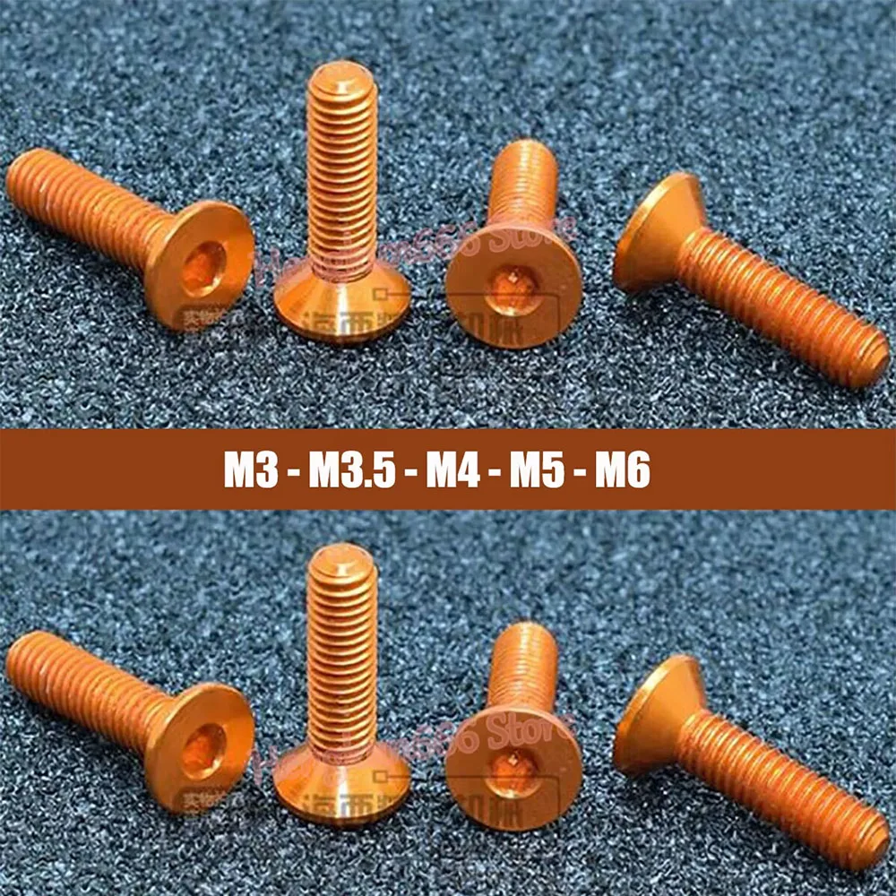

M3 M3.5 M4 M5 M6 Aluminum Alloy Flat Head Socket Cap Screw Orange Anodized Countersunk Head Allen Bolts Hex Drive DIN 7991