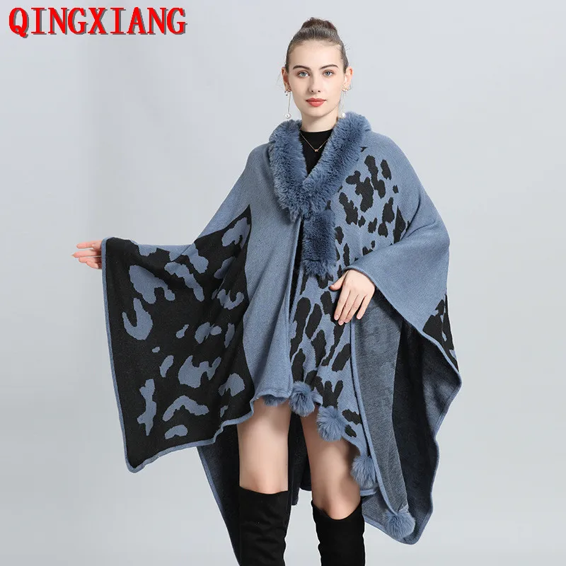 3 Colors 2022 Women Winter Thick Leopard Printed Poncho Outstreet Wear Loose Capes String Faux Rabbit Fur Ball Long Shawl Coat