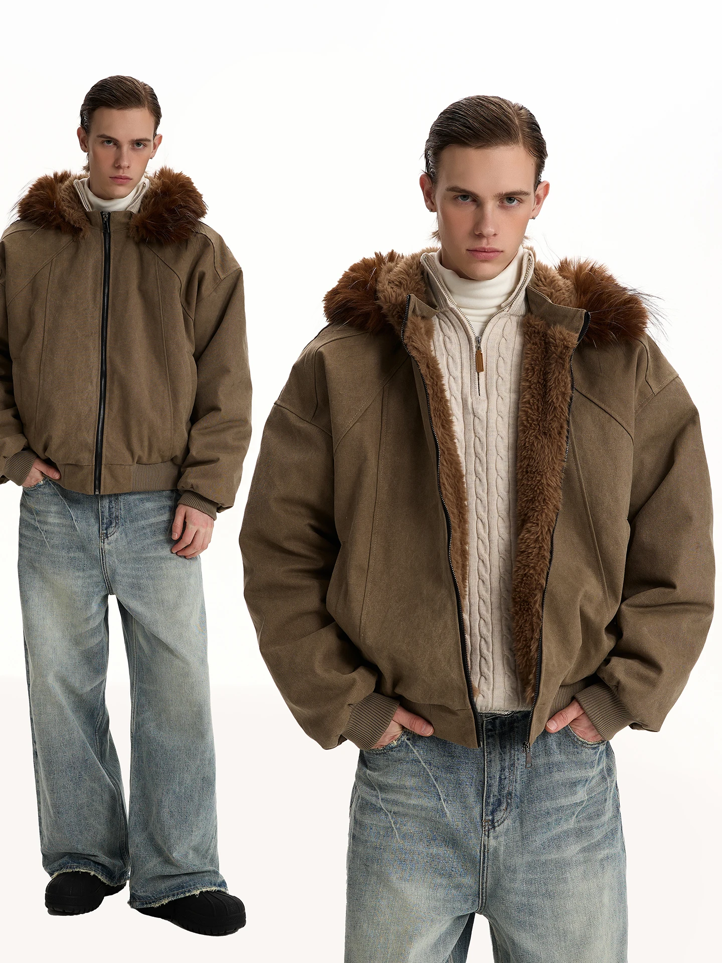 

a PUEE American Retro Hooded Fur Collar Mountain Eagle Cotton Jaet Thi Warm Versatile Workwear Canvas Jaet Coat