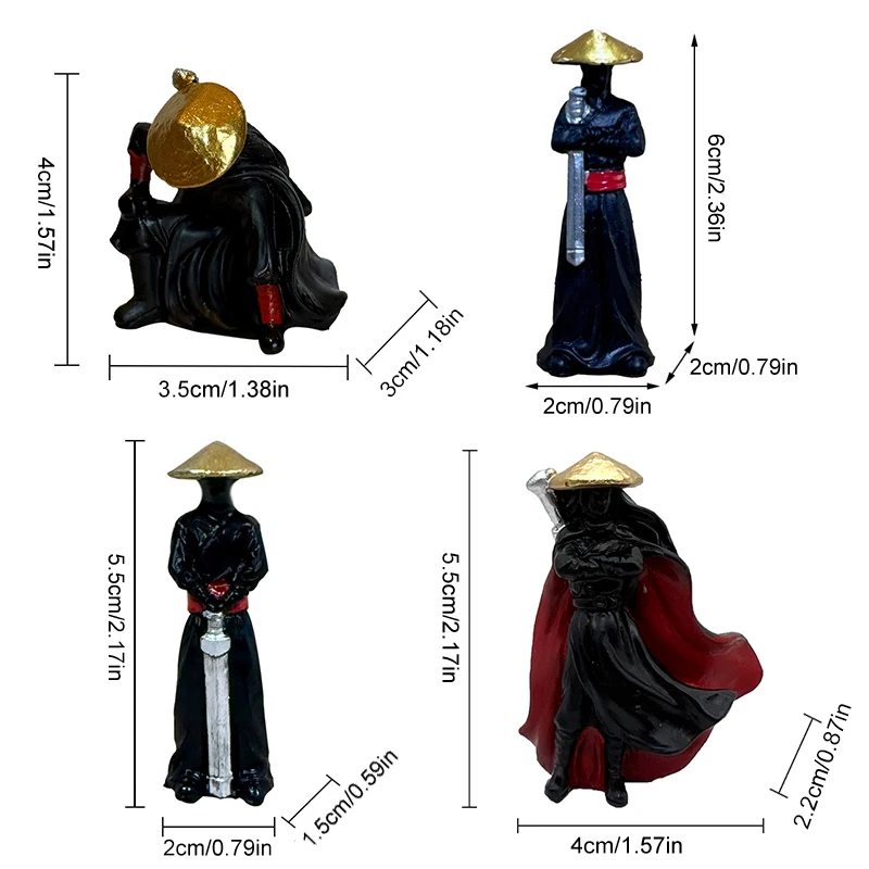 4 stks/set Hars Miniatuur Beeldjes Oude Aziatische Ninja Samurai Warrior Model, Cool Mini Sculptuur voor Auto Dashboard Decor Gift