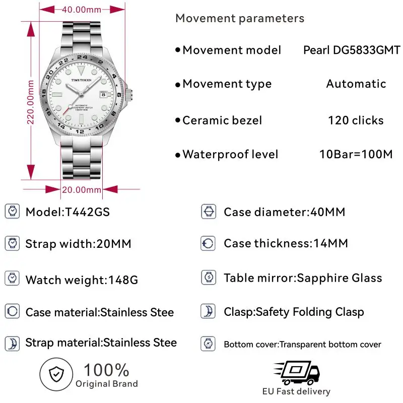 TIME TOKEN 2025 Men's 40mm Automatic Mechanical Watch Sapphire Crystal Stainless Steel Waterproof New