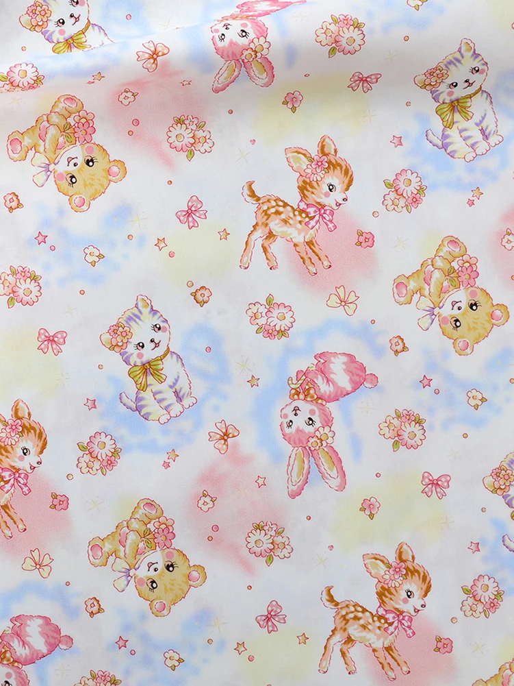 Rabbit Cat Pure Cotton Fabric Handmade DIY Clothing Cute Cartoon Showa Style Small Animal by Half Meter