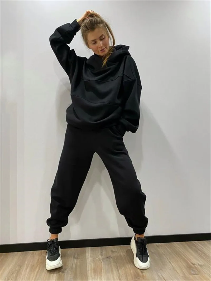 Women Sports Two Piece Sets Hoodie Trousers Hooded Pants Sweatshirt Suit Autumn Winter Fleece Tracksuit Loose Streetwear Outfit