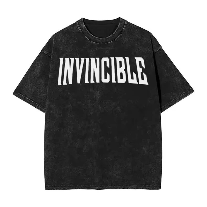 Top Invincible Animation Mark Washed Vintage T-Shirt Loose Fit Men's and Women's Trendy Printed Couple Short Sleeve Shirt
