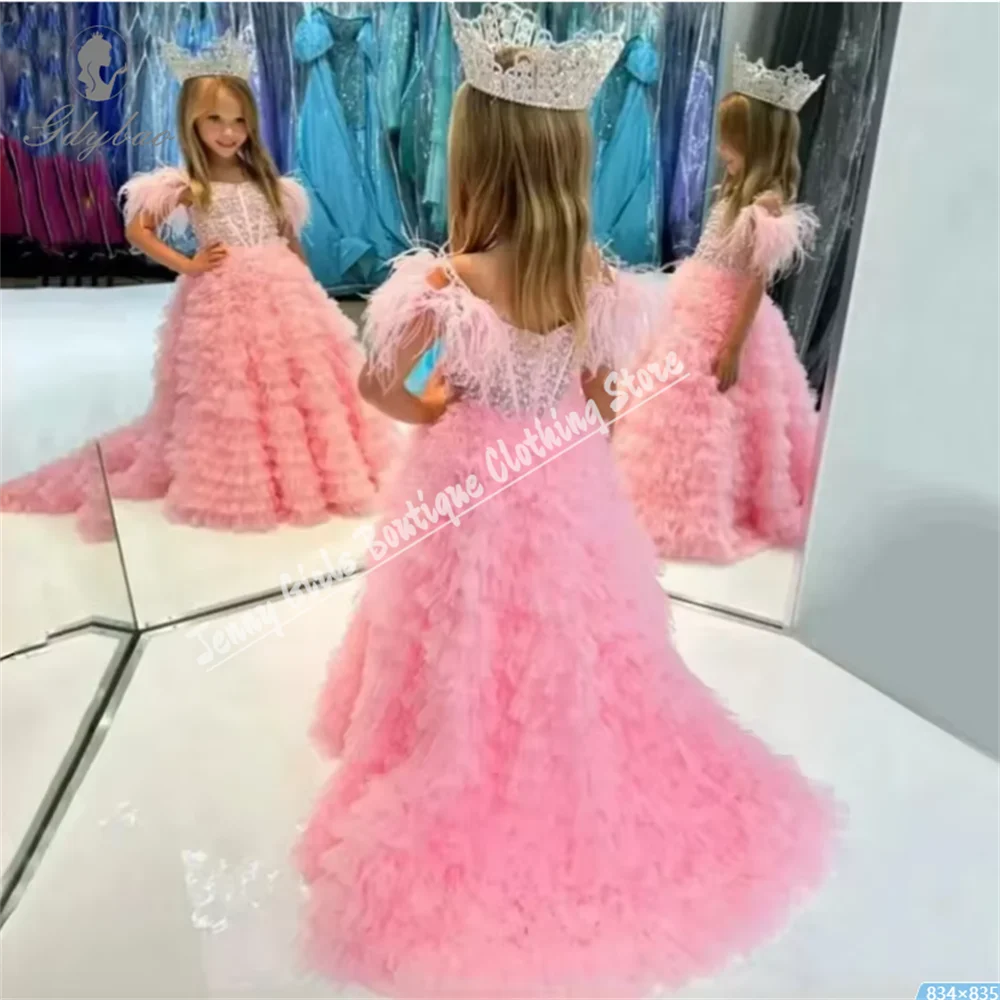 Wedding Girls' Clothing Fluffy Flower Girl Dresses Luxurious Tulle Feathers Children Pageant Birthday Prom Elegant Party Dresses