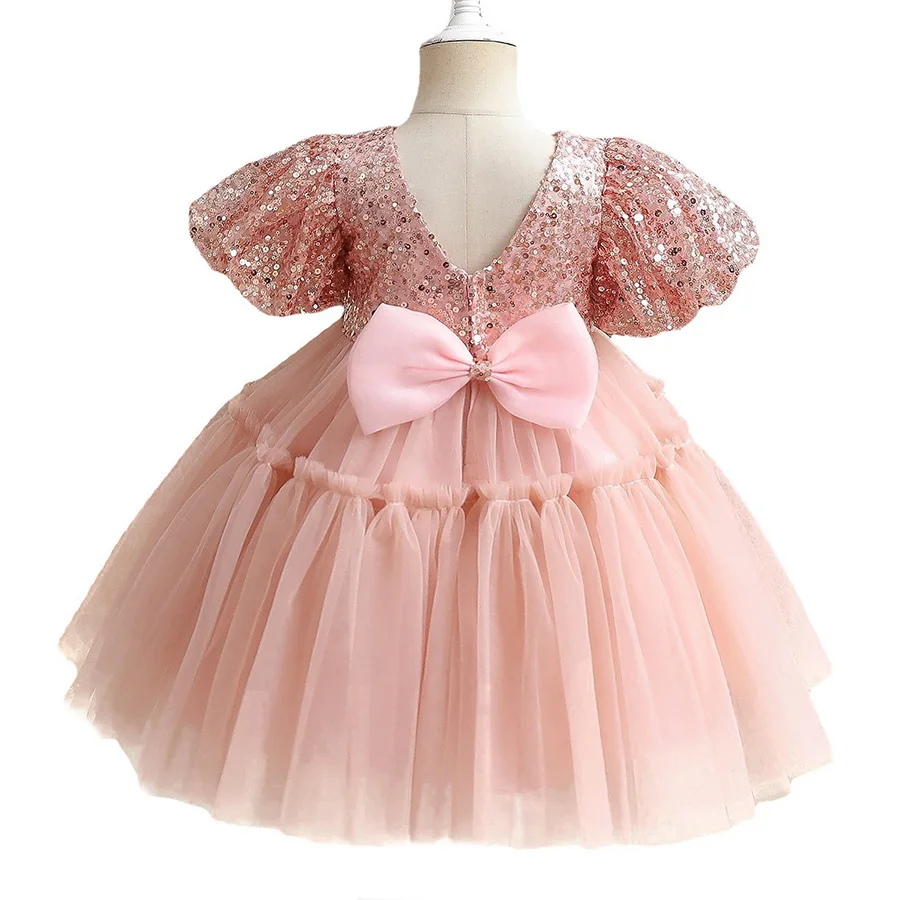 Vestido de festa de aniversário de tule com lantejoulas rosa para meninas, vestido de baile cerimonial vermelho com costas em v para casamento de 1 a 12 anos, laço fofo