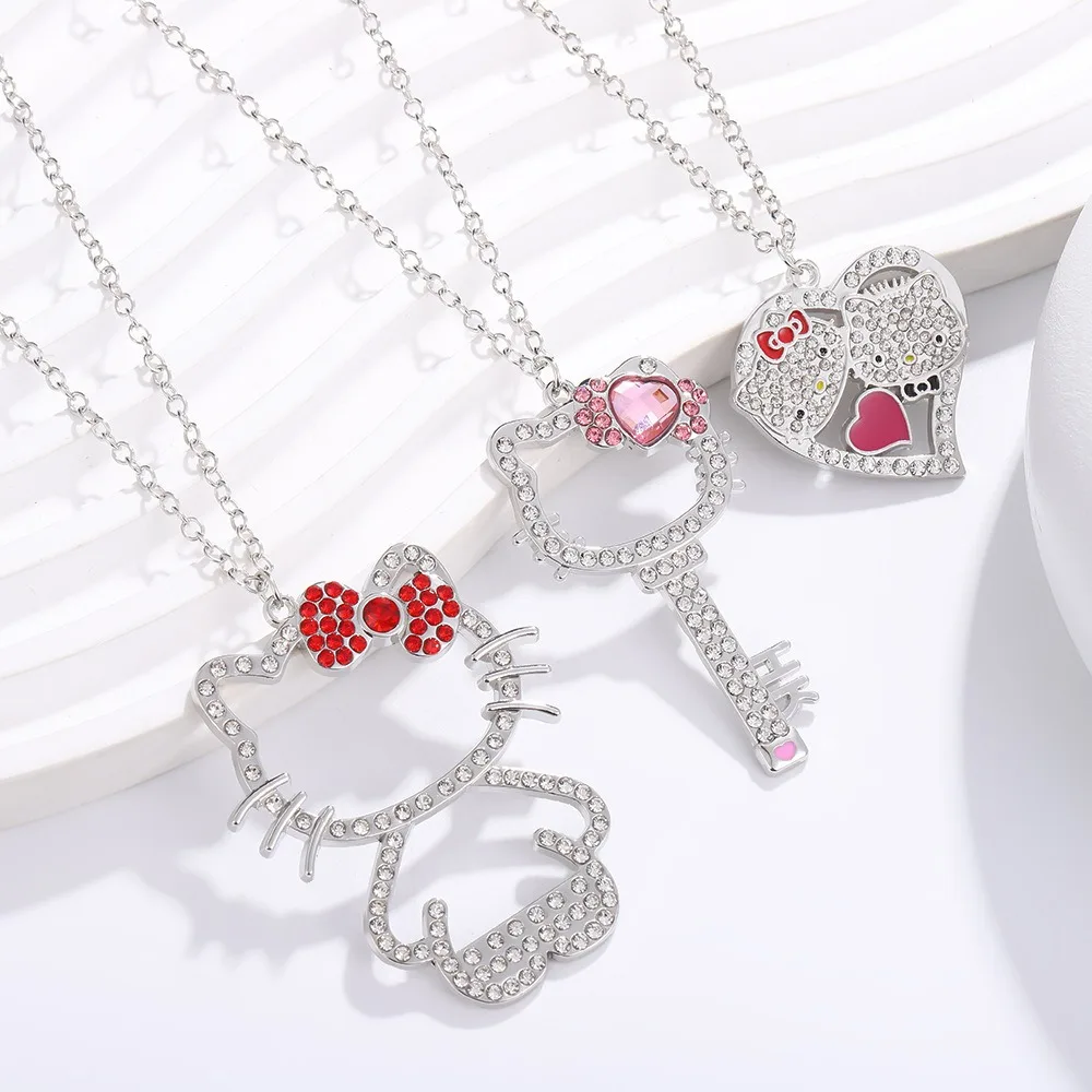 Girly Heart Cute KT Cat Necklace Japanese Super Cute Hello Kitty Rhinestone Key Pendant Japanese Cat Alloy Necklace