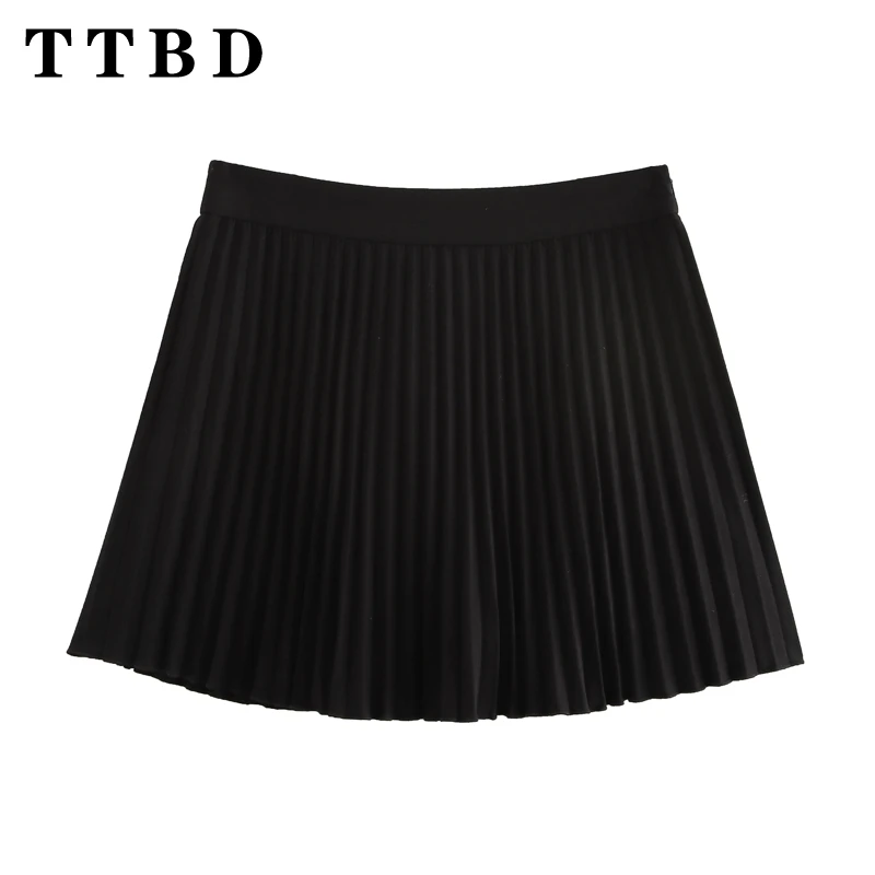 TTBD Woman's 2024 Summer Fashion Short Side Zipper Ruffles Mini Skirt Bottoms Female Casual High Waist Solid Color Pleated Skirt