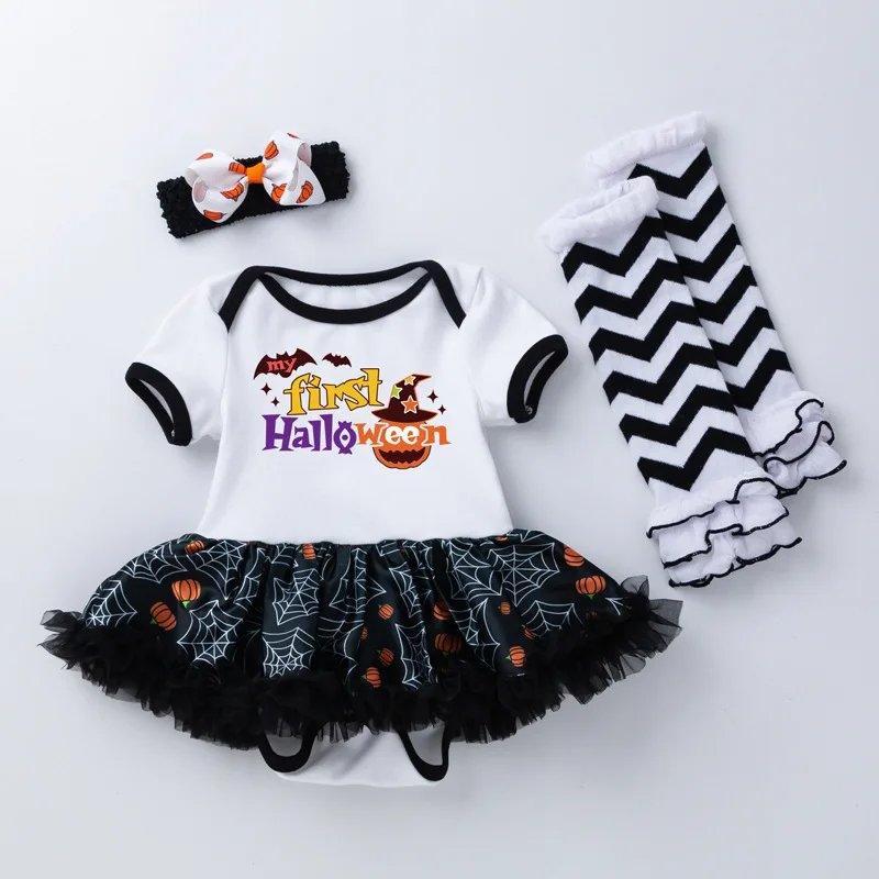 Halloween children\'s costume baby girls party costume printed witch hat baby jumpsuit socks short sleeved dress children sets