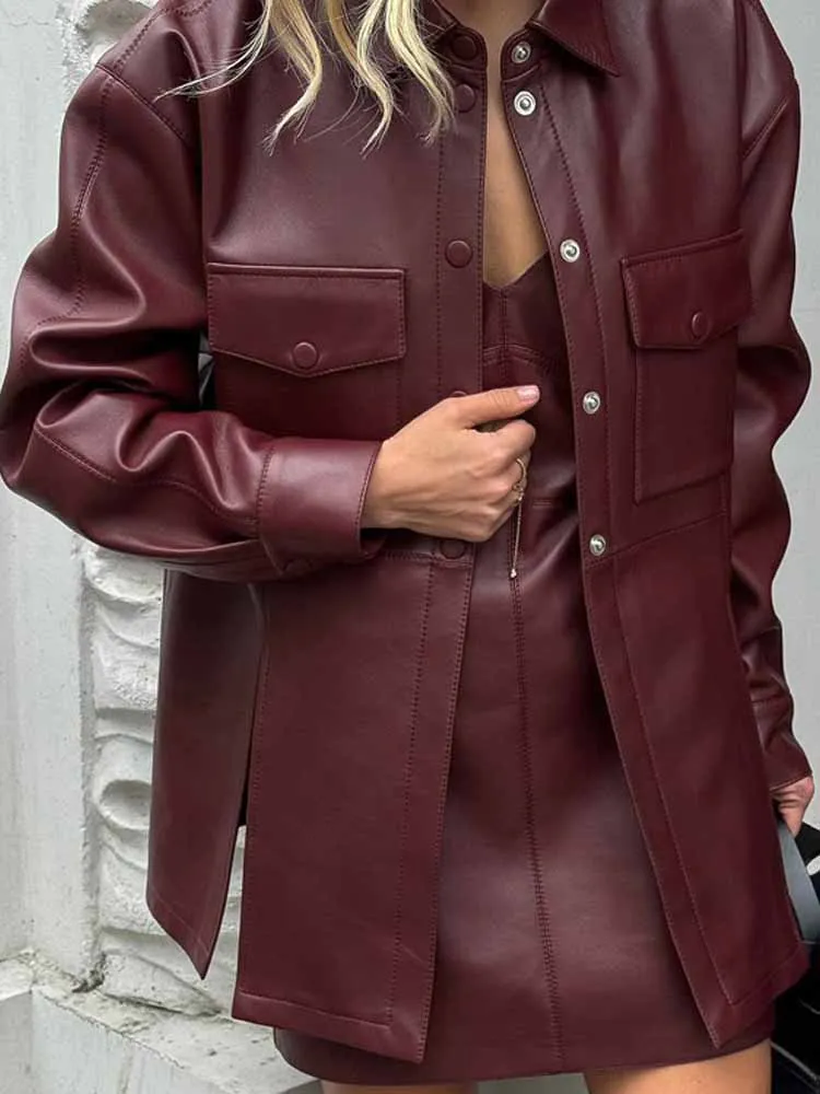 BKQU Street Leather Women 2 Piece Set Elegant Long Sleeve Button Shirt Coat Spaghetti Strap Mini Dress PU Female Suits Wine Red