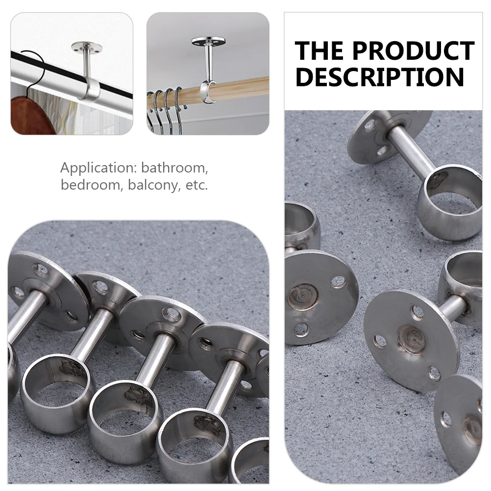 

4pcs Stainless Steel Wardrobe Pole Holder Heavy Duty Wall Mount For Curtain Rod Closet Shower Drying Rack Cabinet Support