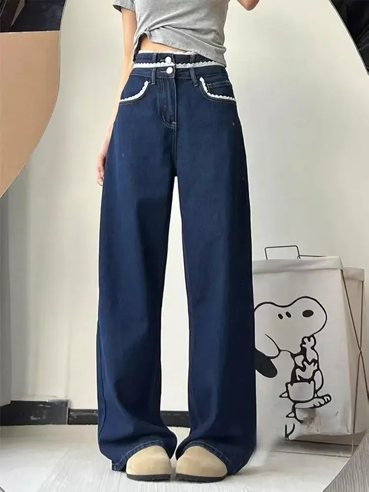 여성 빈티지 블루 레이스 스플라이스 Y2K 청바지 여성 하이웨이스트 루즈 와이드 레그 데님 팬츠 2025 가을 캐주얼 스트레이트 트라우저