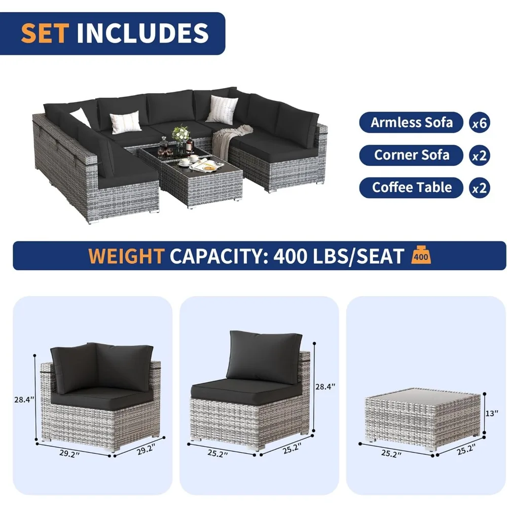 Conjunto de móveis para terraço ao ar livre, sofá combinado com capa à prova d'água, terraço de salgueiro para todos os climas, conjunto de recepção de quintal, 10 peças