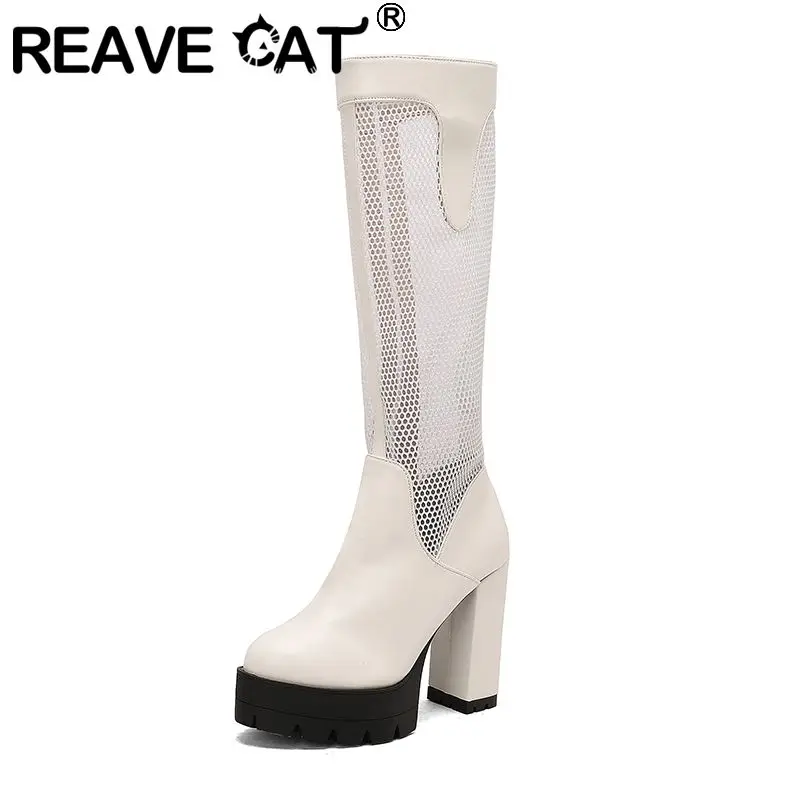 

REAVE CAT Модные женские летние ботинки с круглым носком на блочном каблуке 12 см Платформа 4 см Сетка на молнии Плюс Размер 48 49 50 Сексуальные до колена Bota