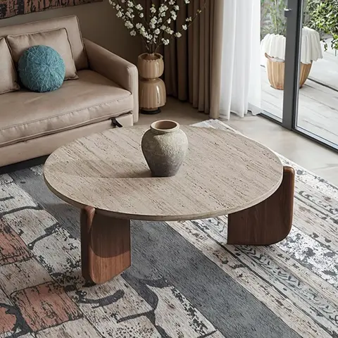 재고 직송 모던 유니크 디자인 원목 커피 테이블 원형 스톤 테이블탑 거실용 센터 테이블