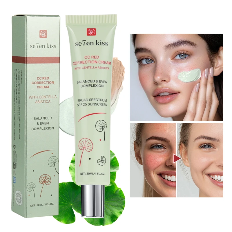 se7en kiss Color Correcting CC Cream SPF25 Centella Asiatica Isolation Primer Lightweight Hydrating Even Skin Tone Base Makeup 3