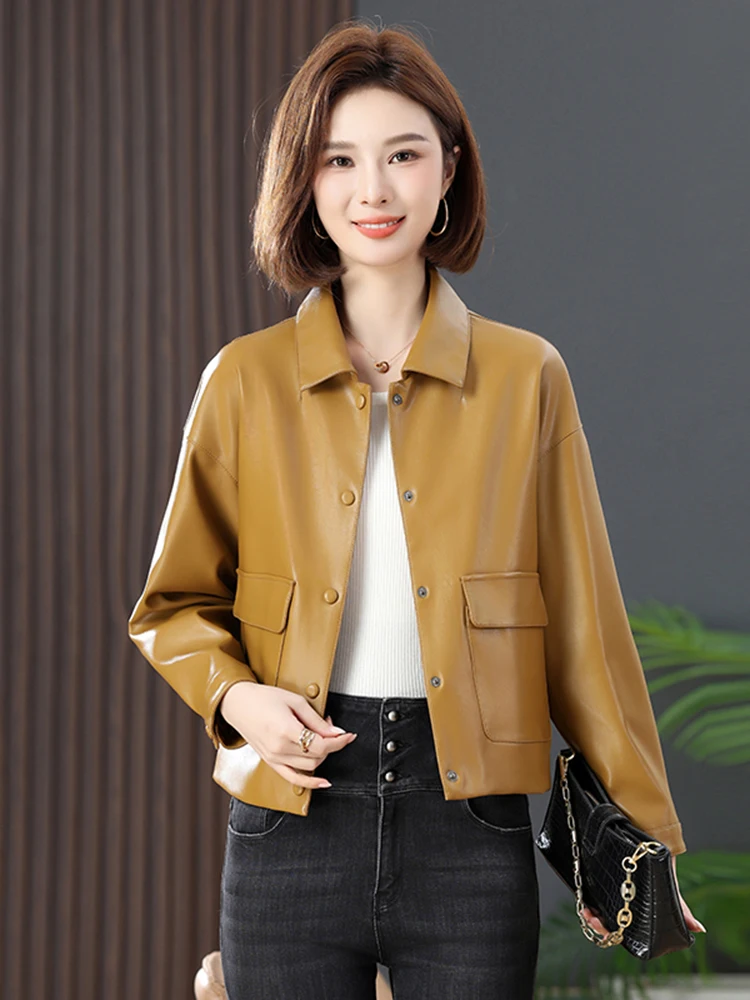 Real Leather Biker Jaet Women's ort eepskin Coat Autumn Winter New Sle Loose Fit Faionable Commuter Sle Coat