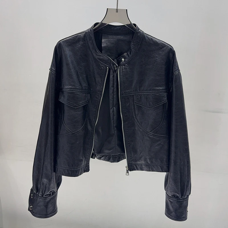 Vestes Courtes en Cuir Véritable pour Femmes, Hauts en Peau de Mouton Première Couche, Blousons Décontractés en Cuir Huilé avec Col Montant