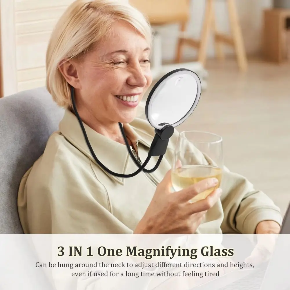 3 Color LED Lights Magnifying Glass Neck Wearing Handheld Hanging Neck Magnifying Glass Acrylic Led 10X Illuminated Magnifier