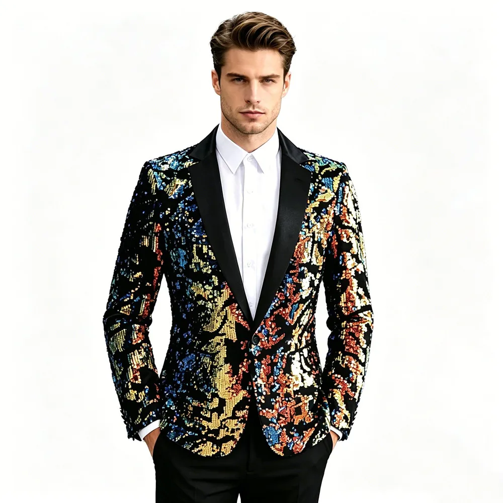 

Colorful Sequins Velvet Men's Suit Jacket Nightclub Male Singer Stage Slim Glitter Casual Blazer Evening Party Host Tuxedo