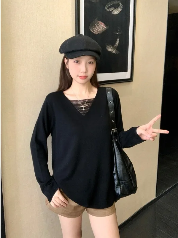 

Chic V-Ne Knitted Sweater plus Size Women's Autumn Faion Slimming Loose Versatile Knitwear High Waist Long Sve Top