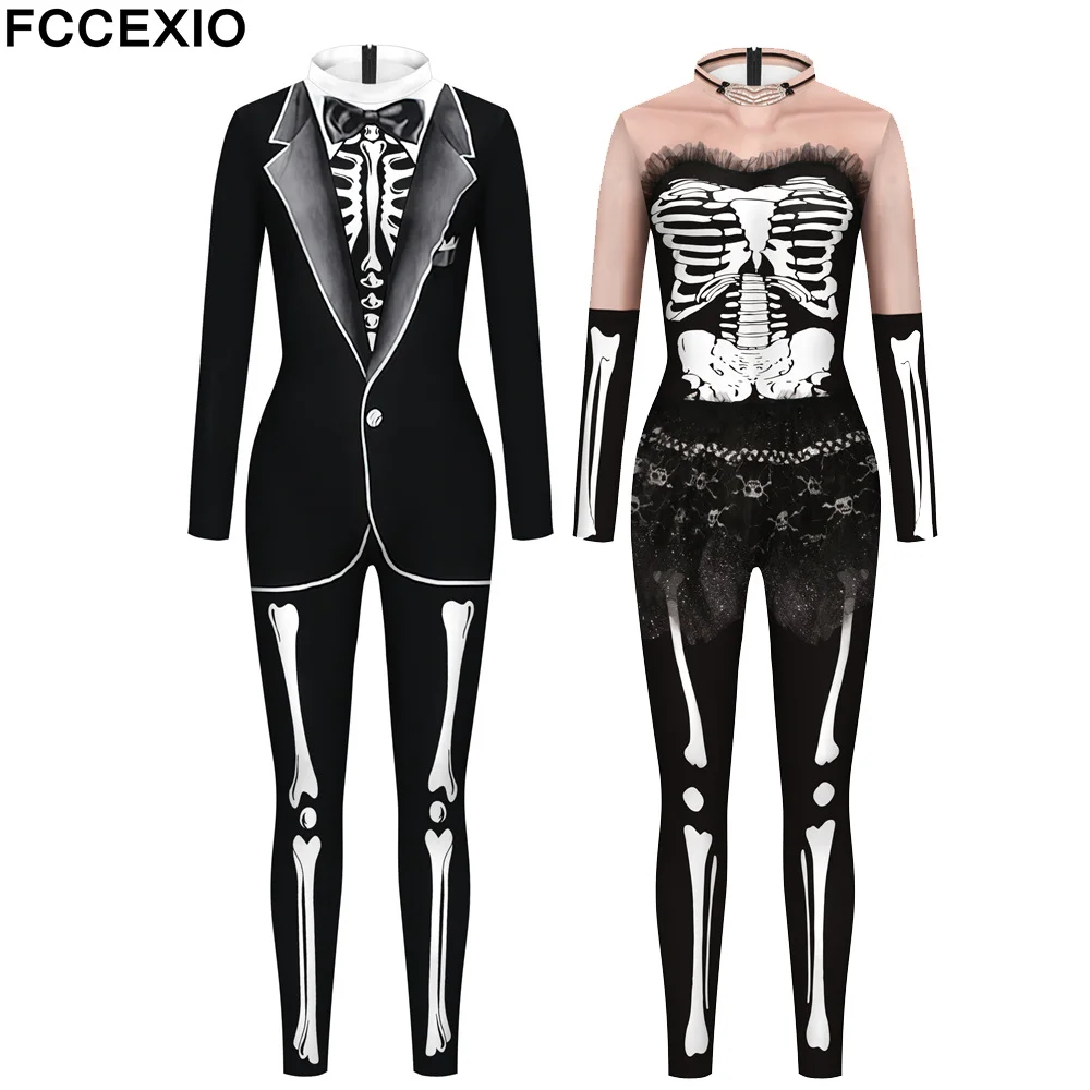 

FCCEXIO Devil Suits Print Skull Cosplay Costume Women Sexy Jumpsuit Bodysuit Adult Carnival Party Halloween enteritos de fiesta