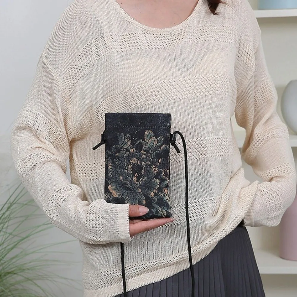 Fashion Jacquard Satin Phone Bag Flower Vintage Shoulder Bag Chinese Style Embroidered Silk Purse For Women