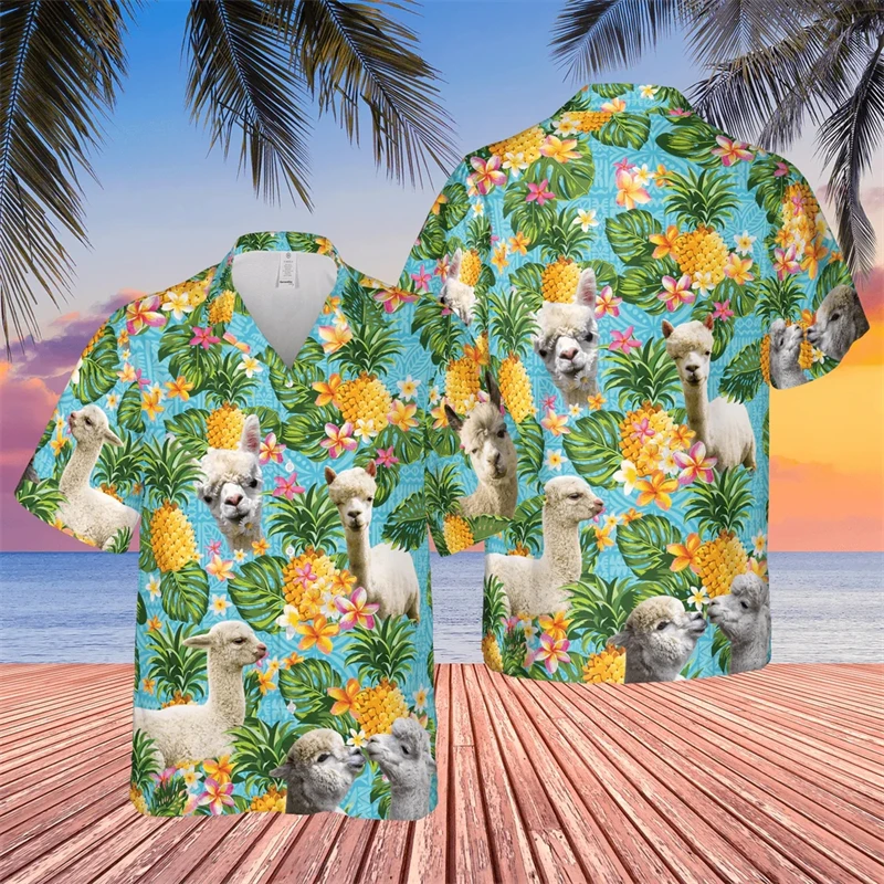 Men\'s Hawaii Summer Pig Alpaca 3d Print Casual Shirts Hawaiian Beach Animal Pattern Funny Short Sleeve Camisa Cool Design Blouse