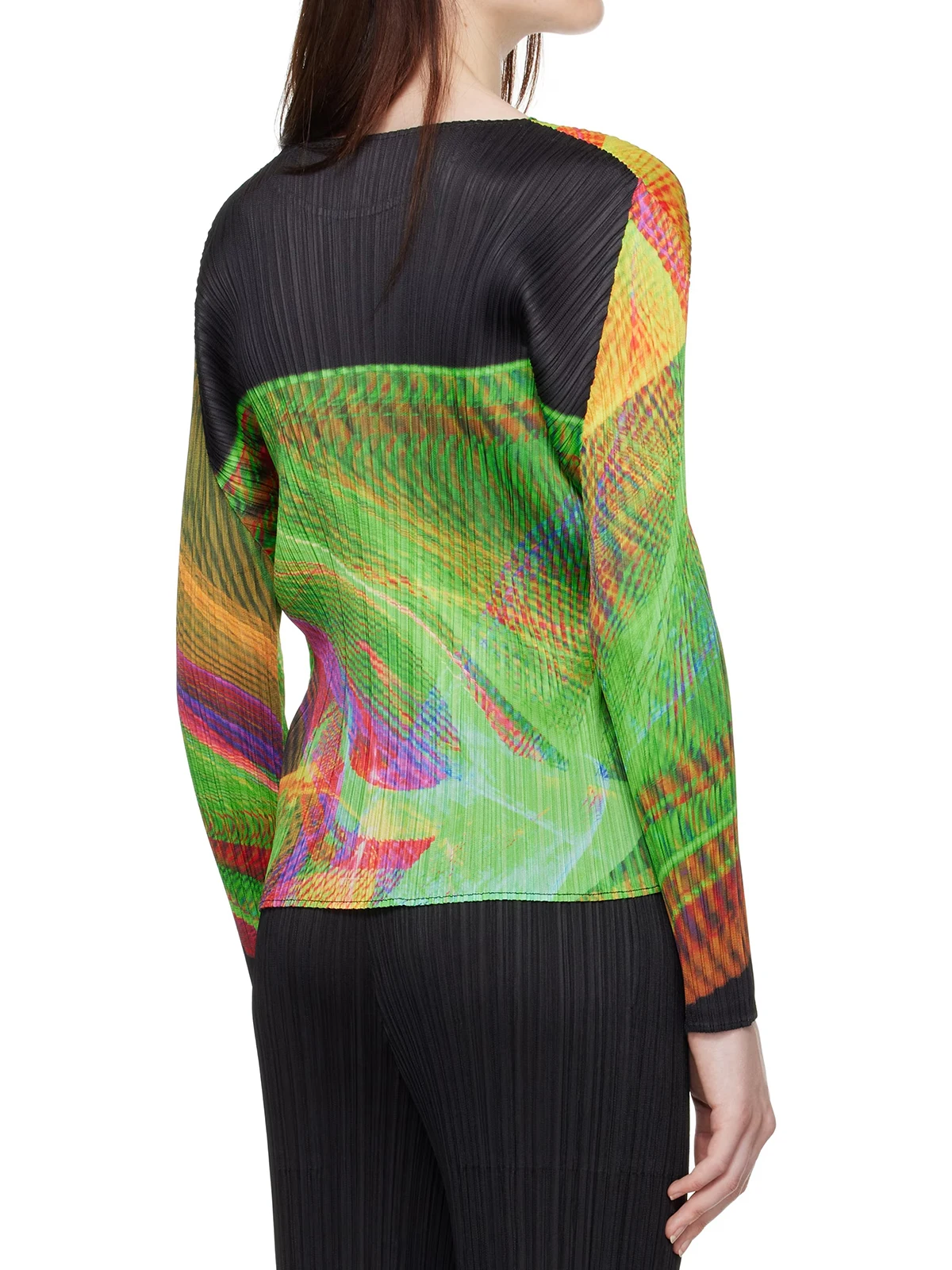 مياكي مطوي بأكمام طويلة متعدد الألوان الطيف الأعلى المرأة الجرافيك المطبوعة الملابس مطوي التريكو تي شيرت