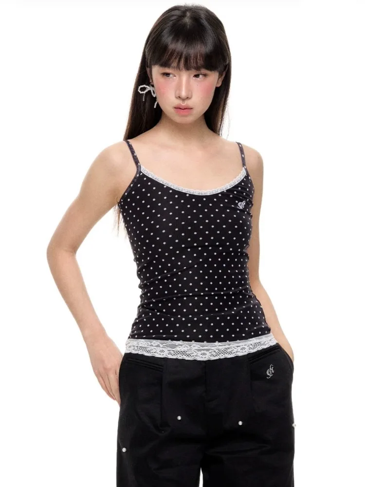 HOUZHOU Kawaii Sweet Lace Tanks Women Korean Fashion Y2k Harajuku Streetwear Polka Dot Printing Slim Tees Tops Soft Gril 2024