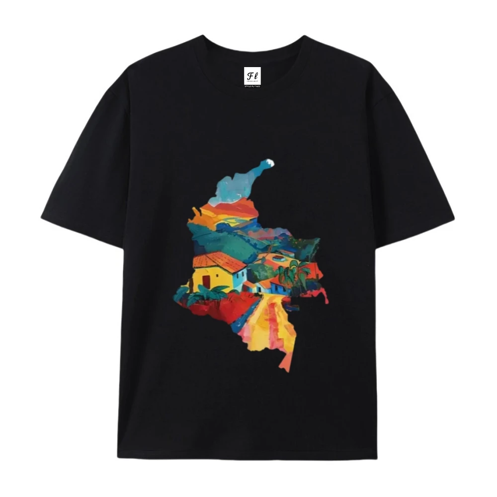 Cotton Graphic Tee Streetwear Vibes Colorful Landscape Print T-shirt For Women Casual Harajuku Y2K Clothes Artistic Cotton Tops