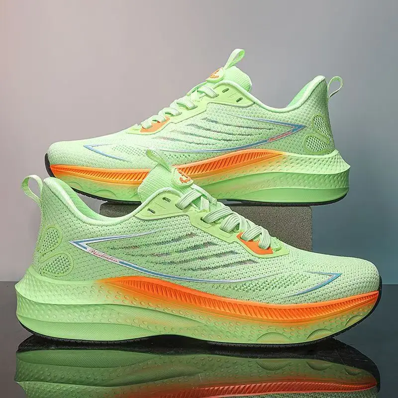 Breathable Mesh Running Shoes, Fluorescent Green Color-Block Soft Cushioned Shock-Absorbing Couples Sport Casual Sneakers