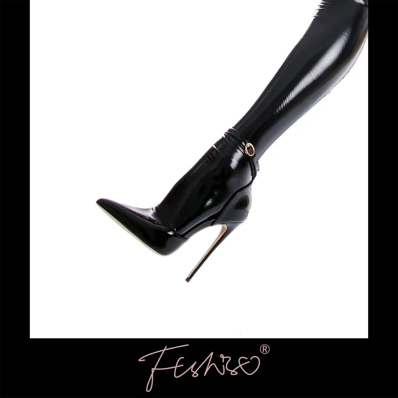 Ftshist super high shiny leather 12cm thin heels solid color ankle buckle strap shallowlow pumps crossdresser plus size Queen sh