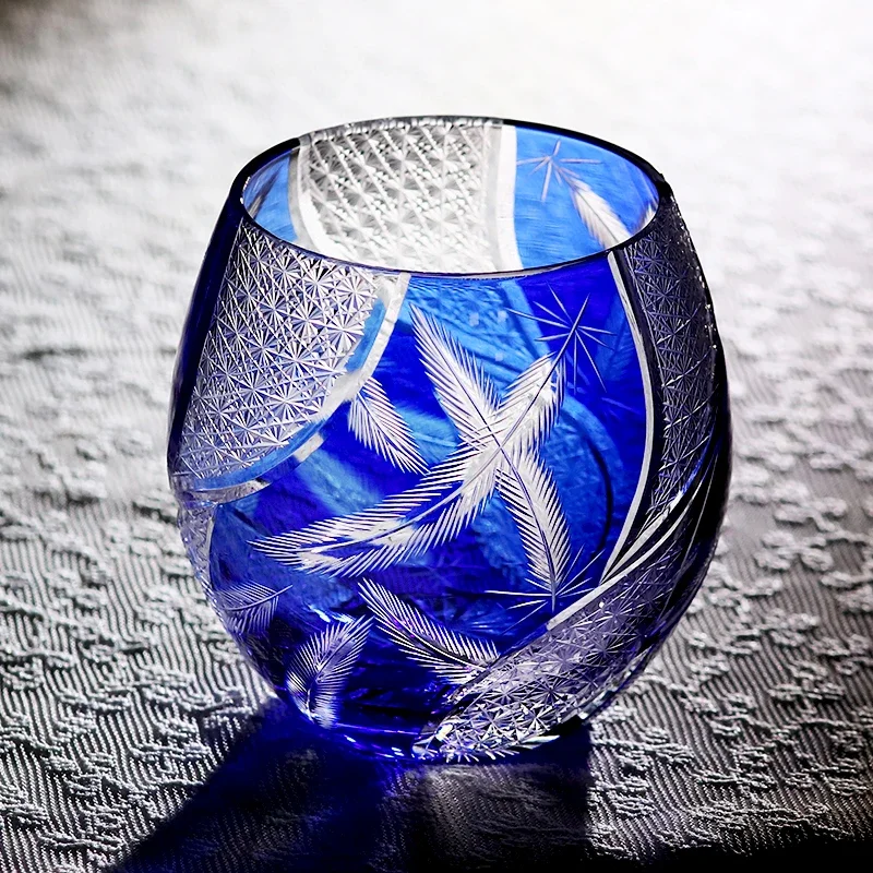 Hand Carved Round Japanese Style Whiskey Glass, Purple Color Overlay Crystal with Unique Feathers Shape 330ml
