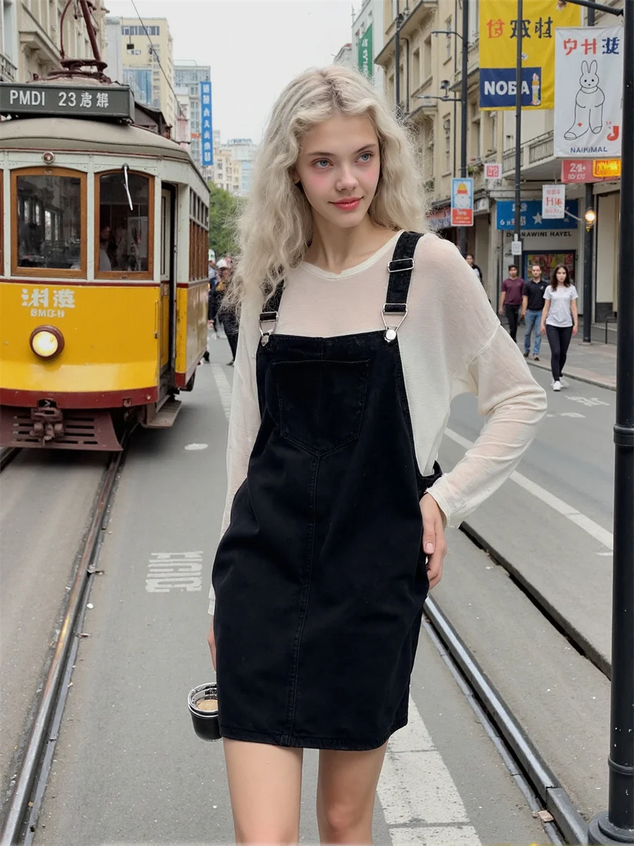 Abiti da donna Y2K Denim nero Vestibilità ampia Nozioni di base A-Line svasato Swing Skater Manica a sbuffo Ritagliata a forma di corpo Vita stretta Ritagliata