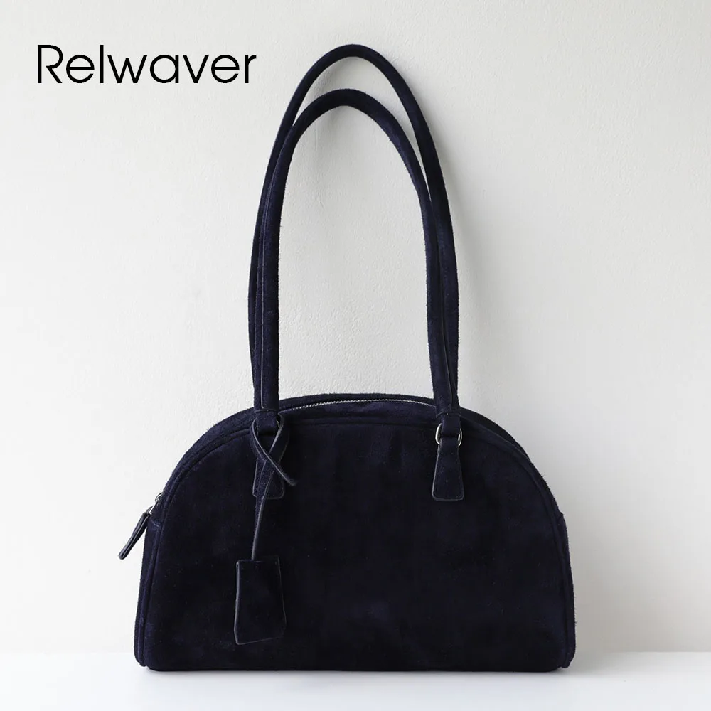 

Relwaver women underarm bag suede cowhide shoulder bag blue fashion Boston bag half moon commuting ladies bag