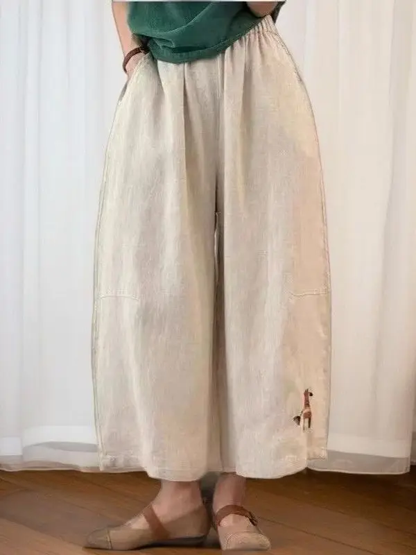 Retro Embroidered Cotton Linen Loose Wide Leg Casual Pants High Waist Elastic Waistband Ethnic Style Nine Point Loose Fit Wom...
