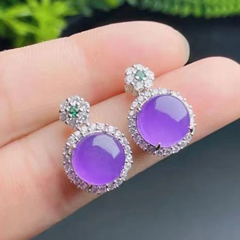 New silver inlaid crystal natural chalcedony ice seed violet egg noodle flower earrings exquisite Showy ladies jewelry