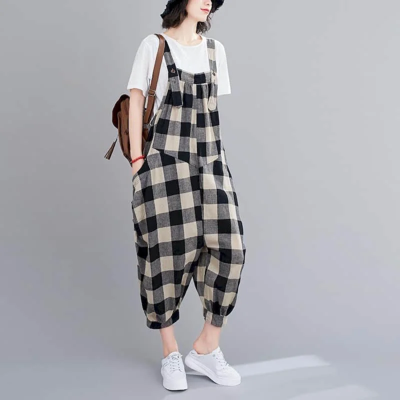 Cotton Linen Playsuits Women Casual Loose One Piece Outfit Women Korean Fashion Jumpsuits Cross Pants Overalls for Women Clothes