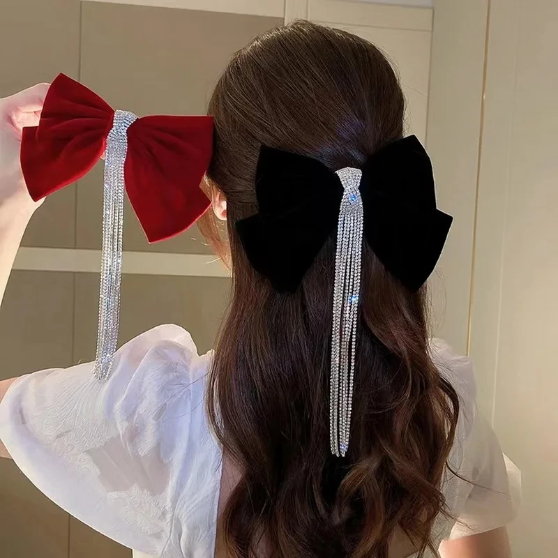 Black Red Elegant Bowknot Diamond Tassel Hair Clip New Temperament Spring Clip Back of The Head Hair
