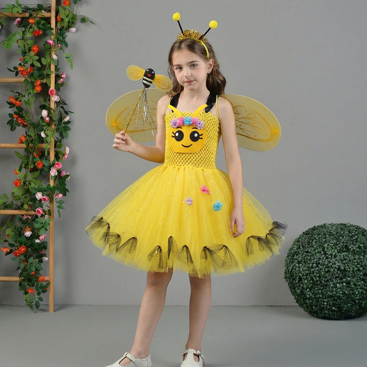 Yellow Flower Bumble Bee Tutu Dress with Wing Headband Set Girls Halloween Animal Cosplay Costume Honeybee Tutus Outfits