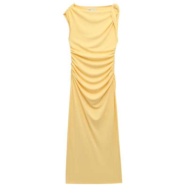 HXAO Women's Ruffled Yellow Dress Summer 2025 Elegant Asymmetric Beach Holiday Resort Dress Midi Sleeveless Slit Ruched Vestidos