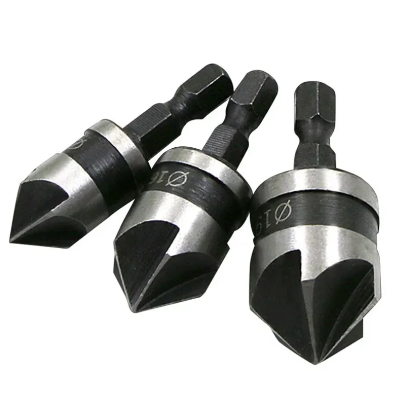 

3PC Hexagonal Shank 90 Degree Black Five Blade Chamferer 12/16/19mm Countersink Drill Woodworking Hole Opener Tool Set