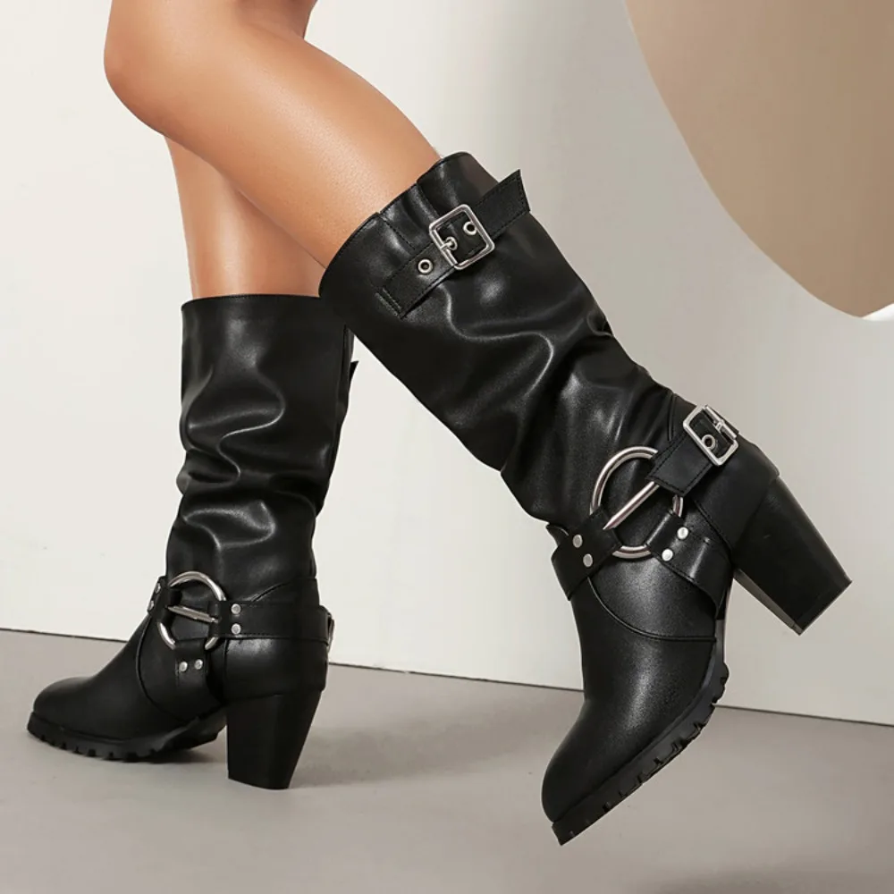 

2026 Retro Fashion Women's PU Black Mid Heeled Boots with Square Heels and Pointed Points Boots