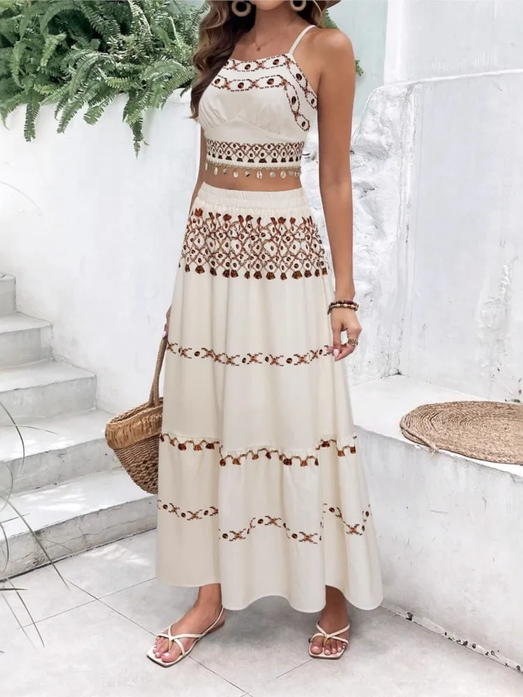 

Boho Casual Print Set Lady Fashion Sleeveless Short Tops+High Waist Loose Skirts Two Piece Sets For Women Holiday Beach Clothes