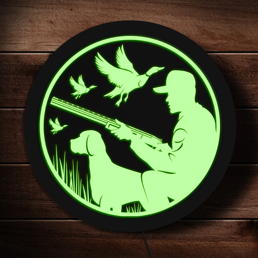 Hunter with Dog Duck Hunting LED Neon Sign Man Cave Personalized Hobby Wall Decor LED Lighting Hanging Acrylic Board Hunter Gift